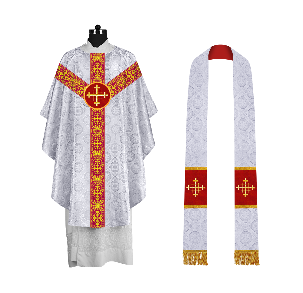 Traditional Gothic Chasuble with Embroidered Motif and Lace Orphrey