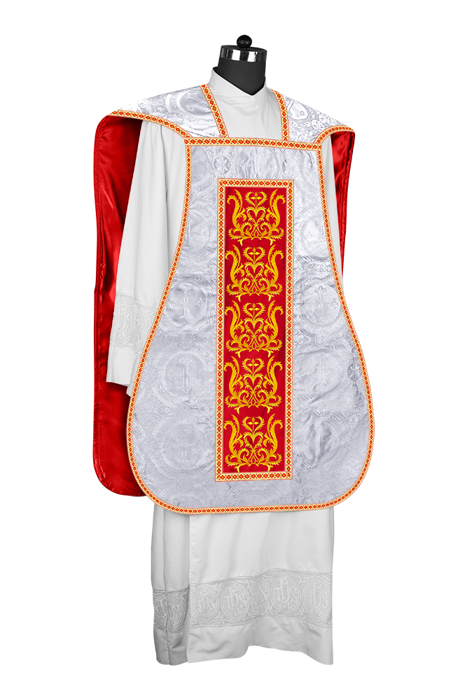 LITURGICAL ROMAN CHASUBLE VESTMENT WITH SPIRITUAL MOTIFS AND TRIMS