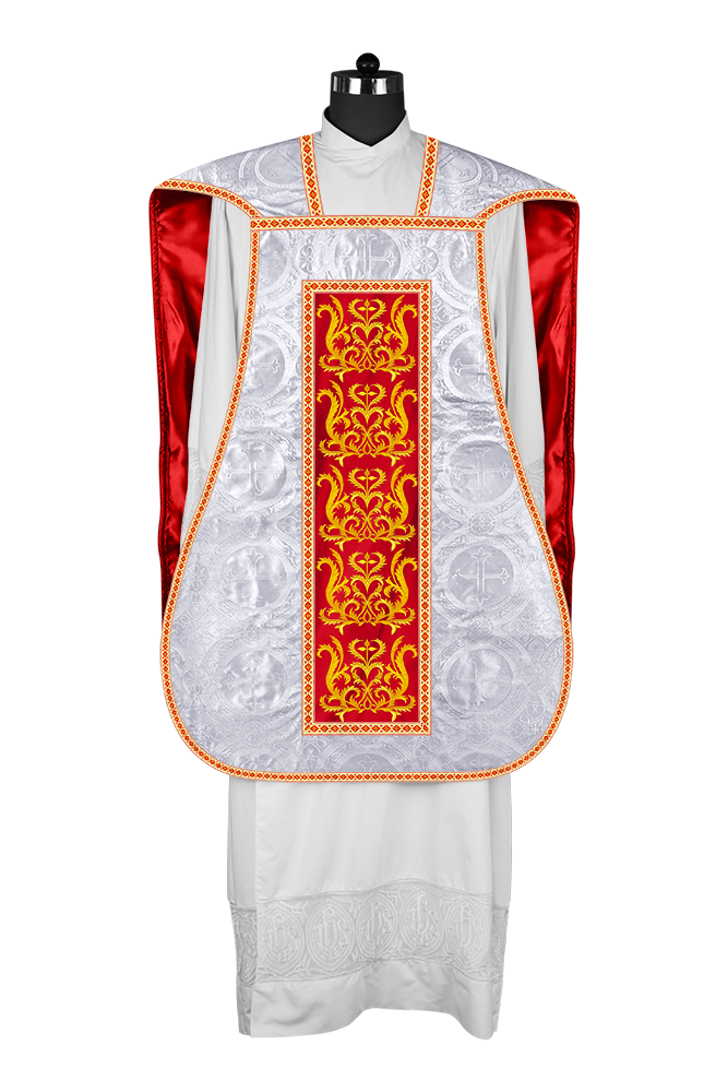 LITURGICAL ROMAN CHASUBLE VESTMENT WITH SPIRITUAL MOTIFS AND TRIMS