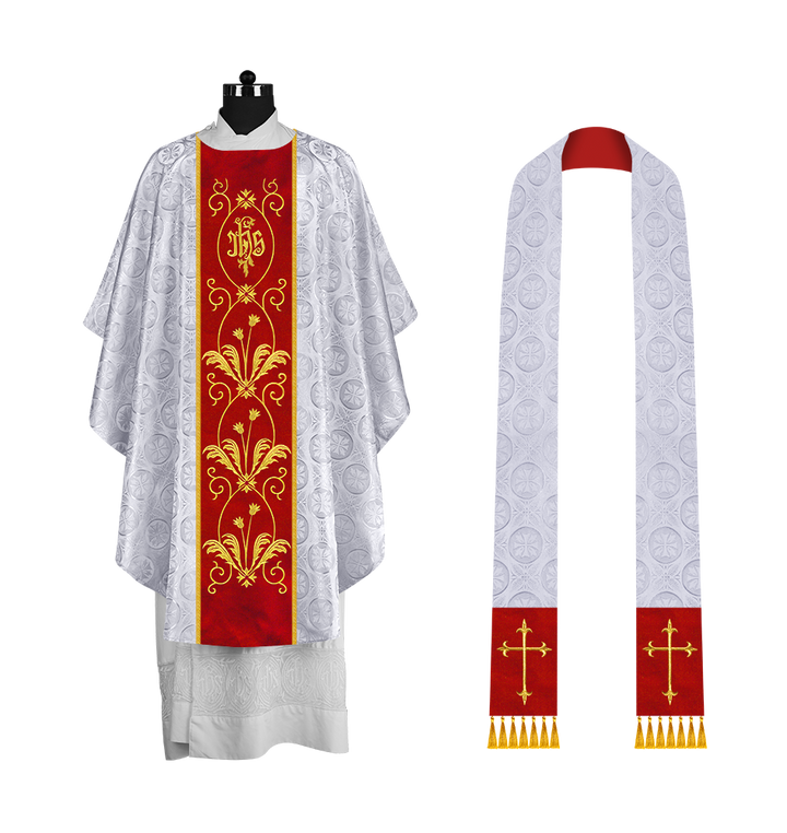 Gothic Chasuble with Elegant Embroidered Orphrey and IHS motif