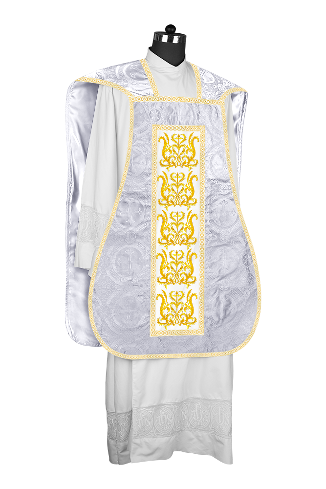 LITURGICAL ROMAN CHASUBLE VESTMENT WITH SPIRITUAL MOTIFS AND TRIMS