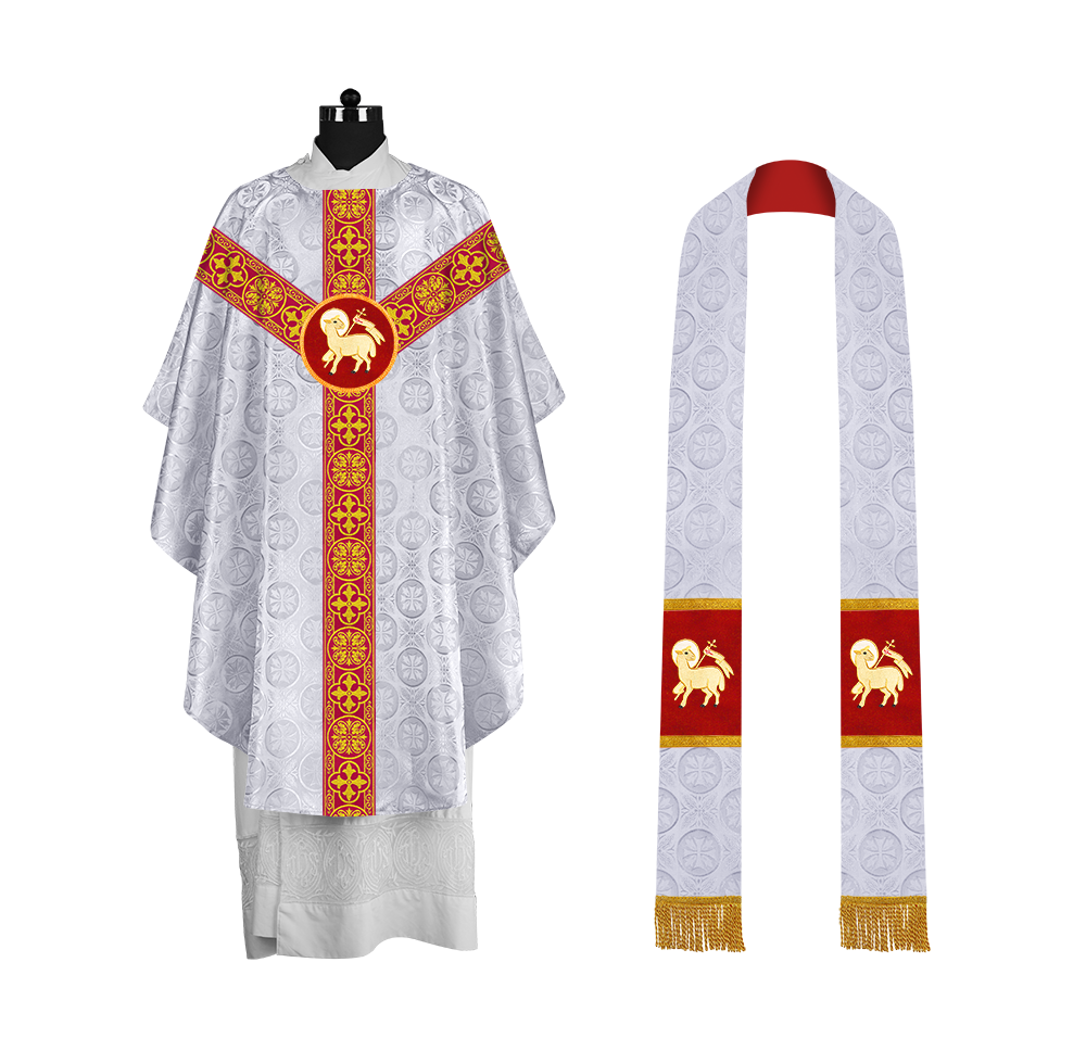 Traditional Gothic Chasuble with Embroidered Motif and Lace Orphrey