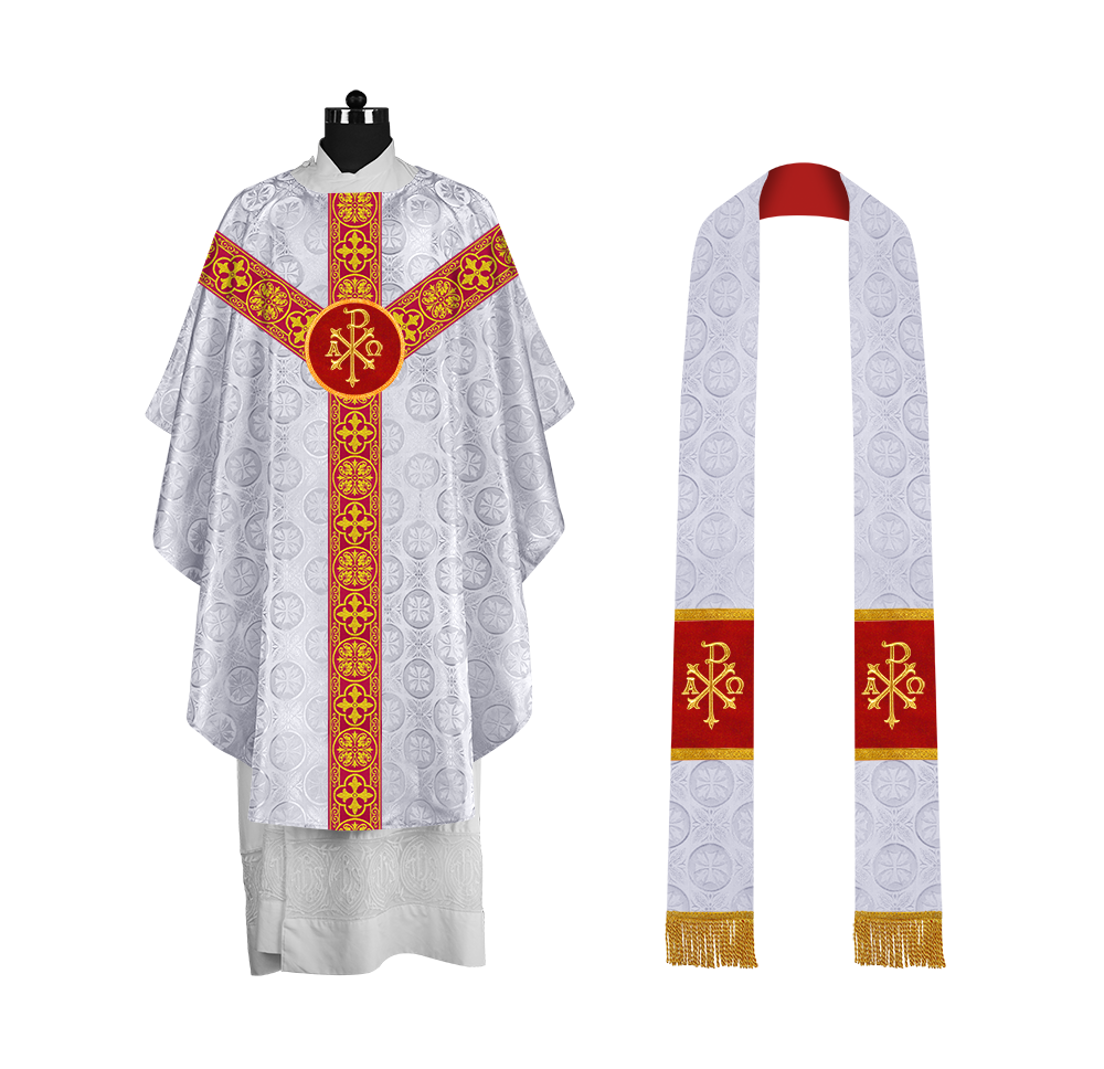 Traditional Gothic Chasuble with Embroidered Motif and Lace Orphrey