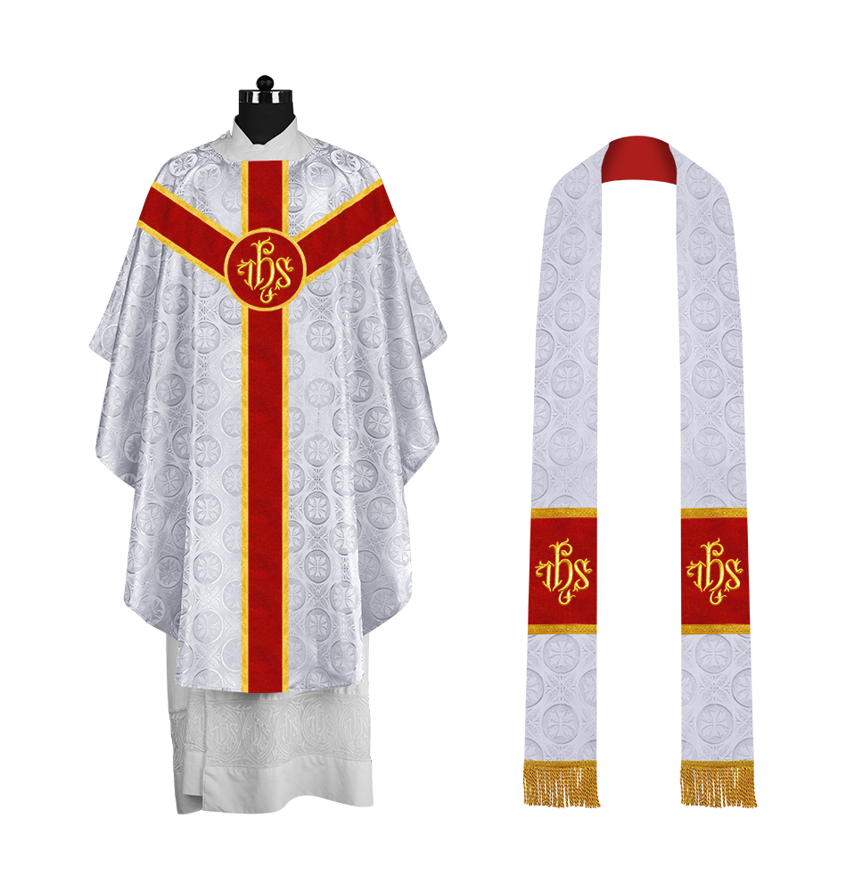 Liturgical Gothic Chasuble with Embroidered Motif and Plain Orphrey