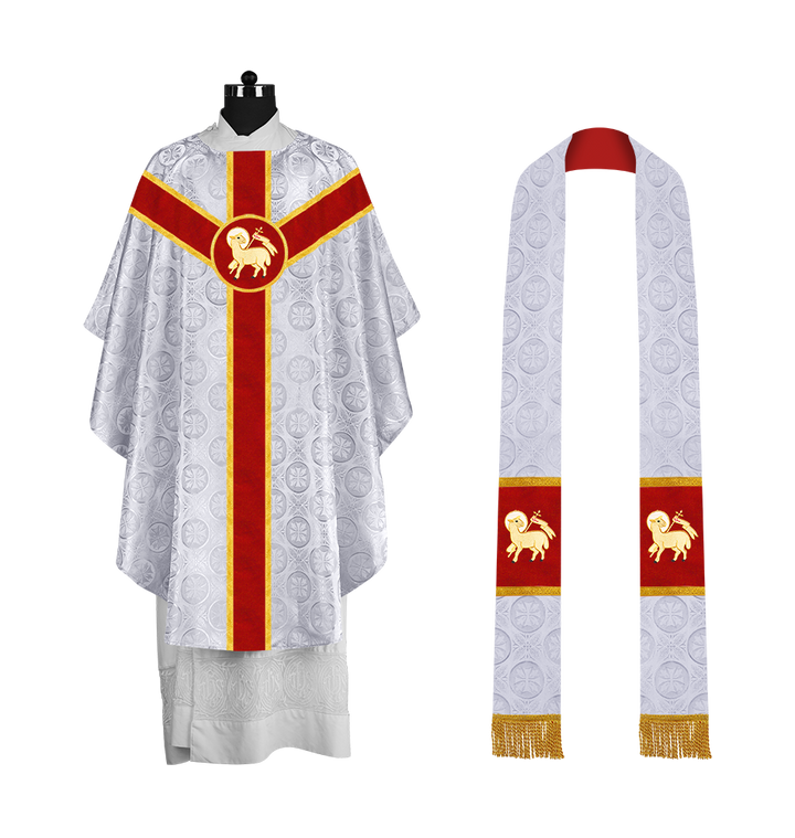 Liturgical Gothic Chasuble with Embroidered Motif and Plain Orphrey