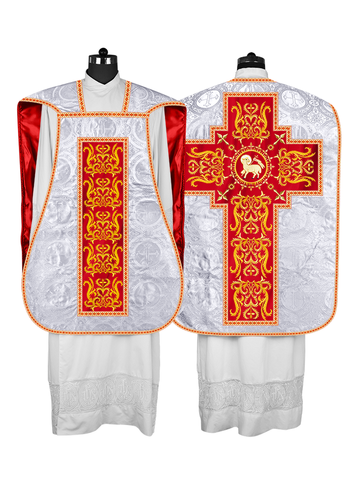 LITURGICAL ROMAN CHASUBLE VESTMENT WITH SPIRITUAL MOTIFS AND TRIMS