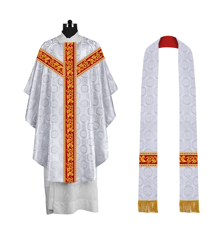 Premium Gothic Priest Chasuble with Embroidery Orphrey & Liturgical Motif