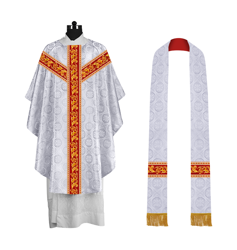 Premium Gothic Priest Chasuble with Embroidery Orphrey & Liturgical Motif