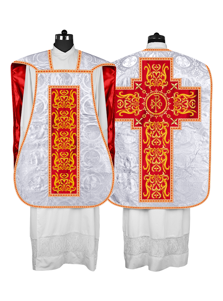 LITURGICAL ROMAN CHASUBLE VESTMENT WITH SPIRITUAL MOTIFS AND TRIMS