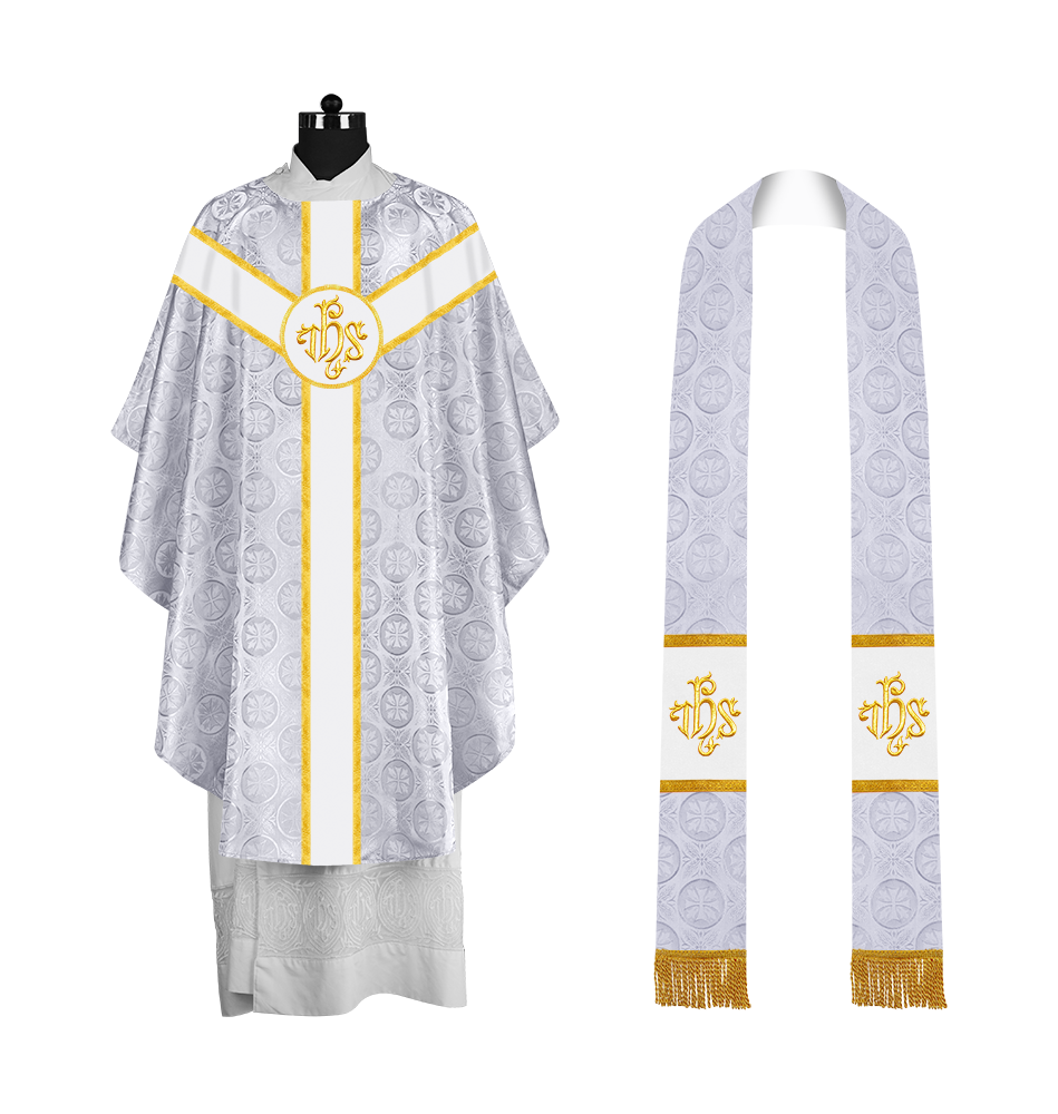 Liturgical Gothic Chasuble with Embroidered Motif and Plain Orphrey