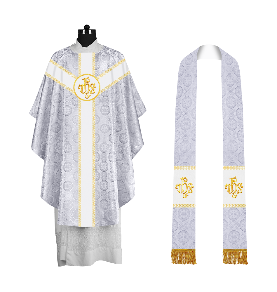 Liturgical Gothic Chasuble with Embroidered Motif and Plain Orphrey
