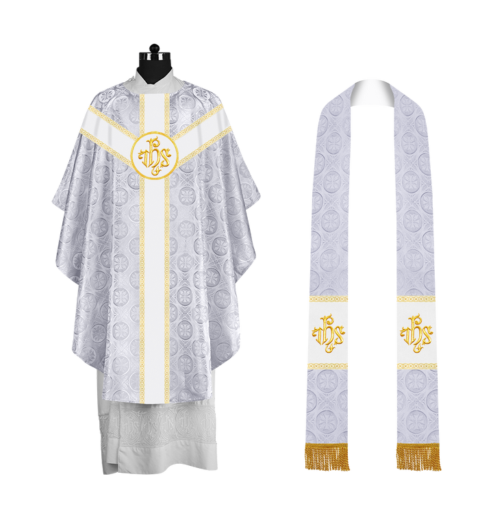 Liturgical Gothic Chasuble with Embroidered Motif and Plain Orphrey
