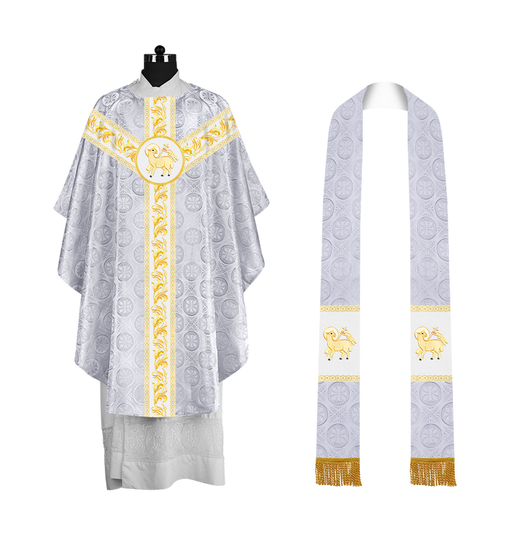 Premium Gothic Priest Chasuble with Embroidery Orphrey & Liturgical Motif