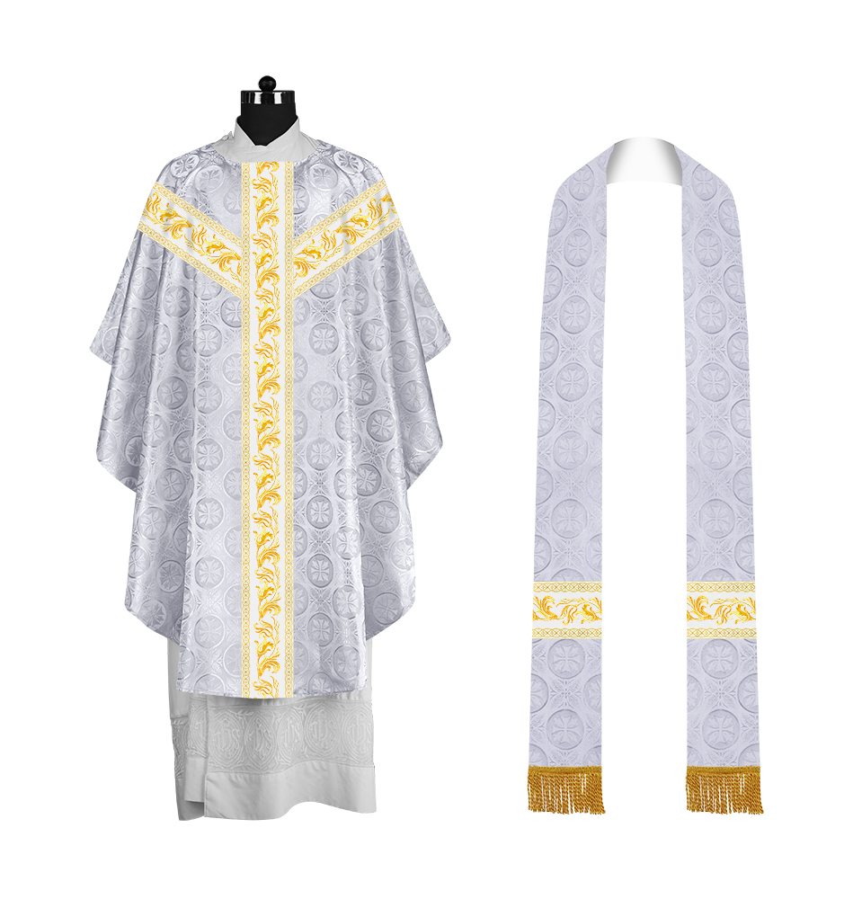 Premium Gothic Priest Chasuble with Embroidery Orphrey & Liturgical Motif
