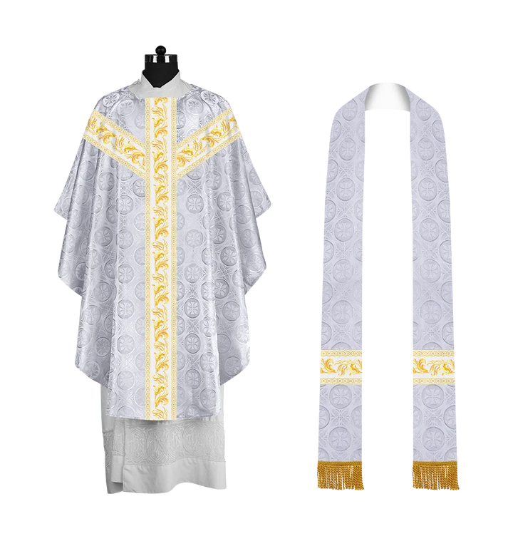 Premium Gothic Priest Chasuble with Embroidery Orphrey & Liturgical Motif
