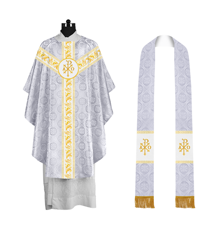 Premium Gothic Priest Chasuble with Embroidery Orphrey & Liturgical Motif