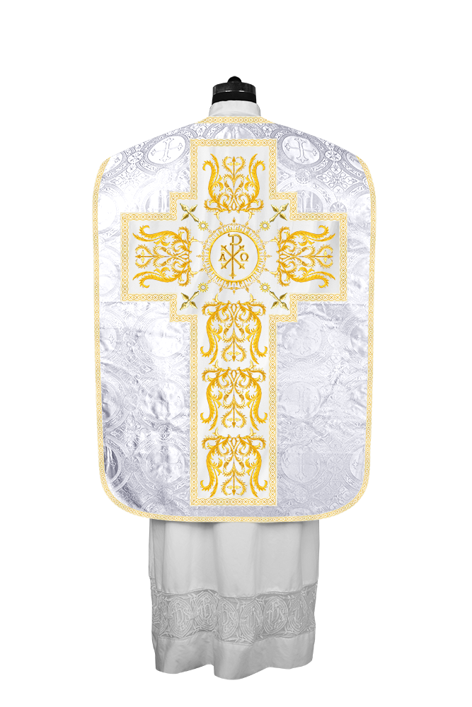 LITURGICAL ROMAN CHASUBLE VESTMENT WITH SPIRITUAL MOTIFS AND TRIMS