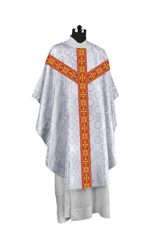 Traditional Gothic Chasuble with Embroidered Motif and Lace Orphrey