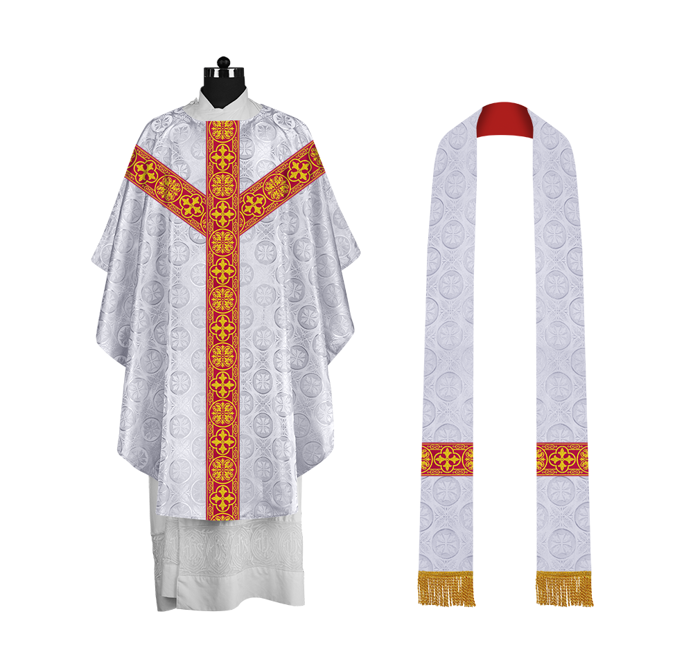 Traditional Gothic Chasuble with Embroidered Motif and Lace Orphrey