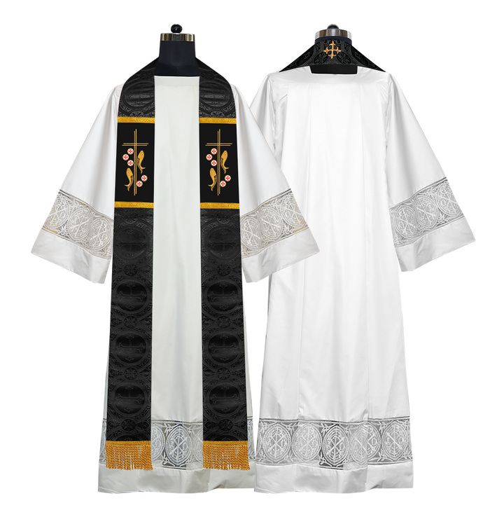 Catholic Priest Embroidered Clergy stole with Fish and Spiritual Cross