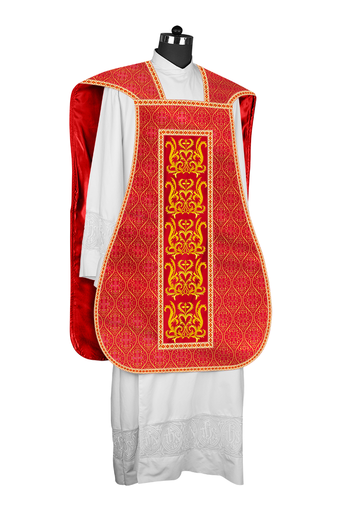LITURGICAL ROMAN CHASUBLE VESTMENT WITH SPIRITUAL MOTIFS AND TRIMS