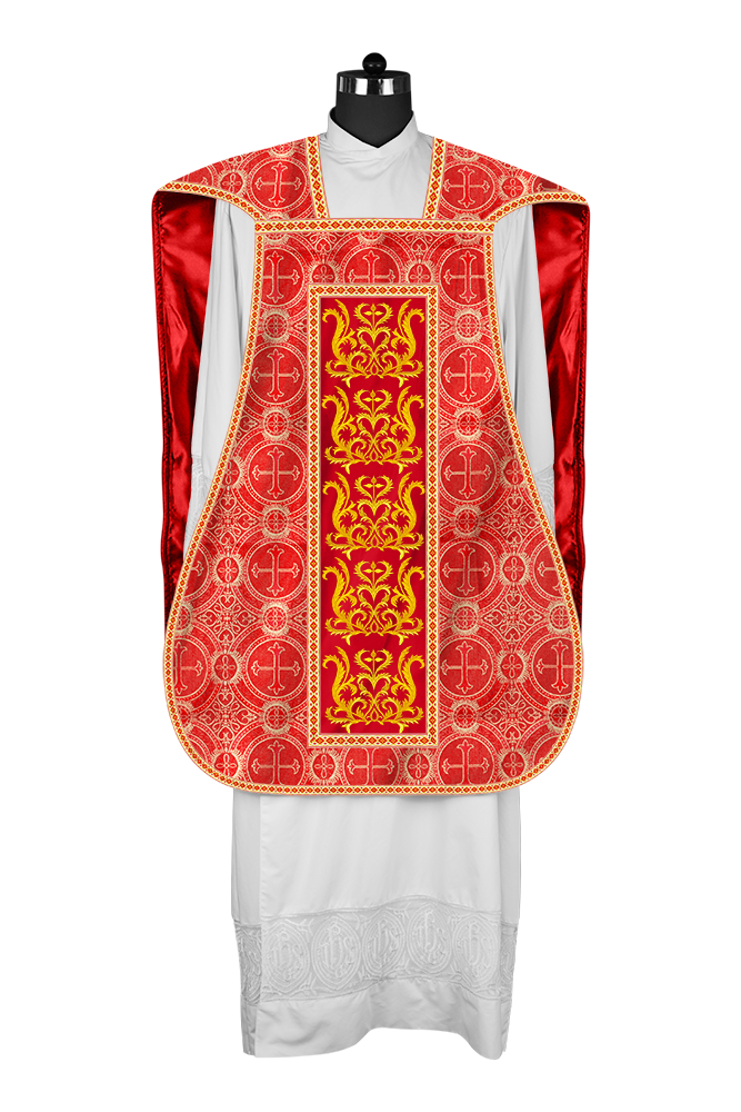 LITURGICAL ROMAN CHASUBLE VESTMENT WITH SPIRITUAL MOTIFS AND TRIMS