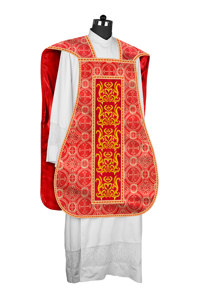 LITURGICAL ROMAN CHASUBLE VESTMENT WITH SPIRITUAL MOTIFS AND TRIMS