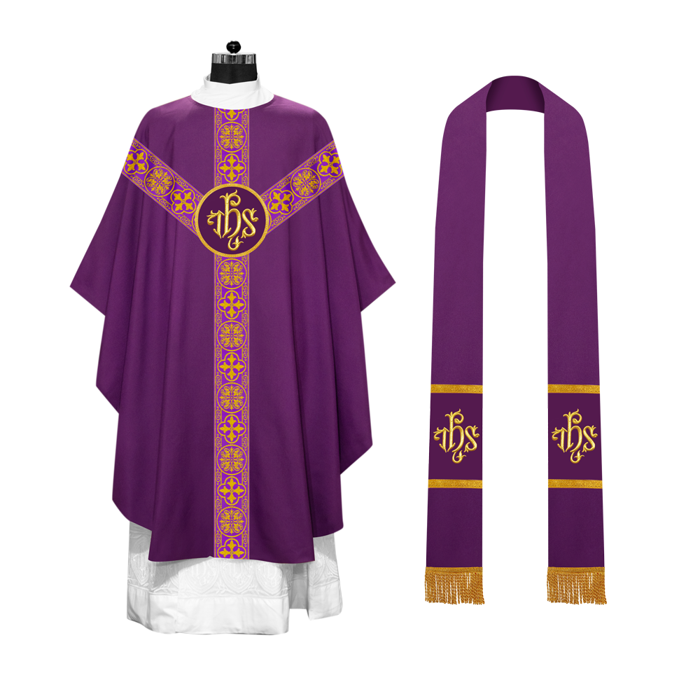 Gothic Chasuble Vestment with Woven Braided Trims And Spiritual Motifs