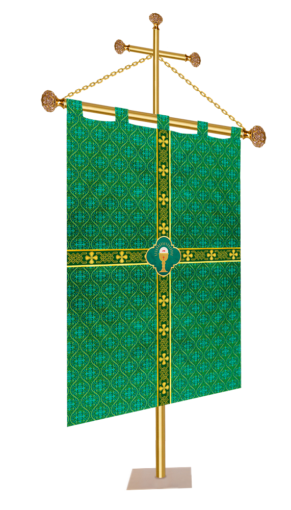 CHURCH BANNER WITH ADORNED WOVEN BRAID AND TRIM