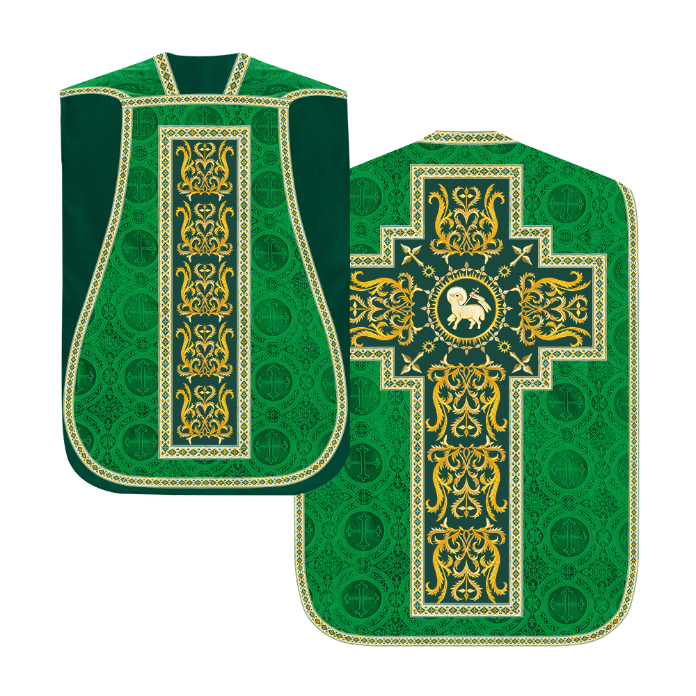 LITURGICAL ROMAN CHASUBLE VESTMENT WITH SPIRITUAL MOTIFS AND TRIMS