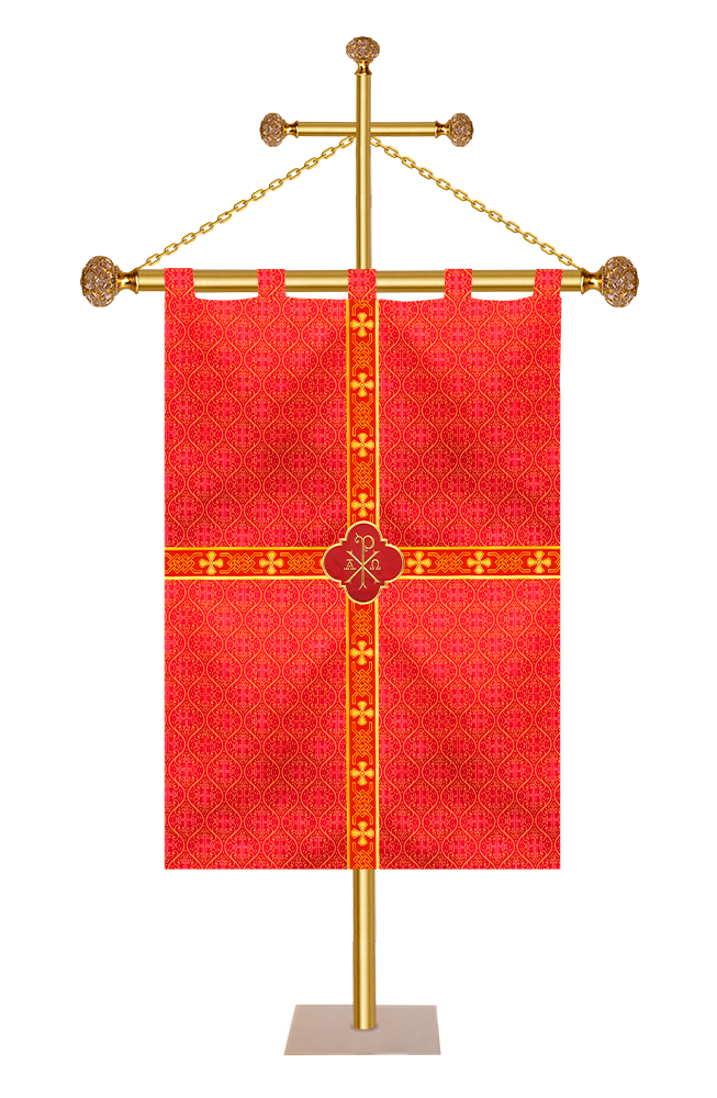 CHURCH BANNER WITH ADORNED WOVEN BRAID AND TRIM