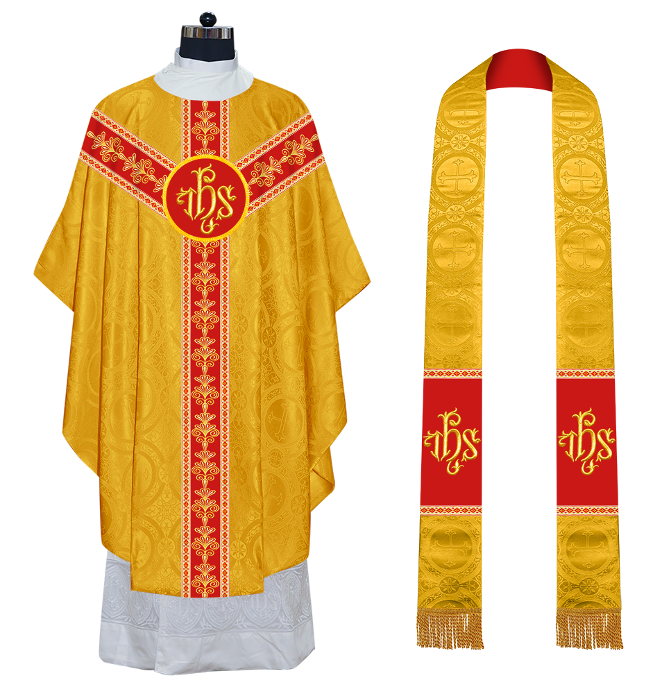 GOTHIC CHASUBLE VESTMENTS WITH LITURGICAL MOTIFS AND TRIMS