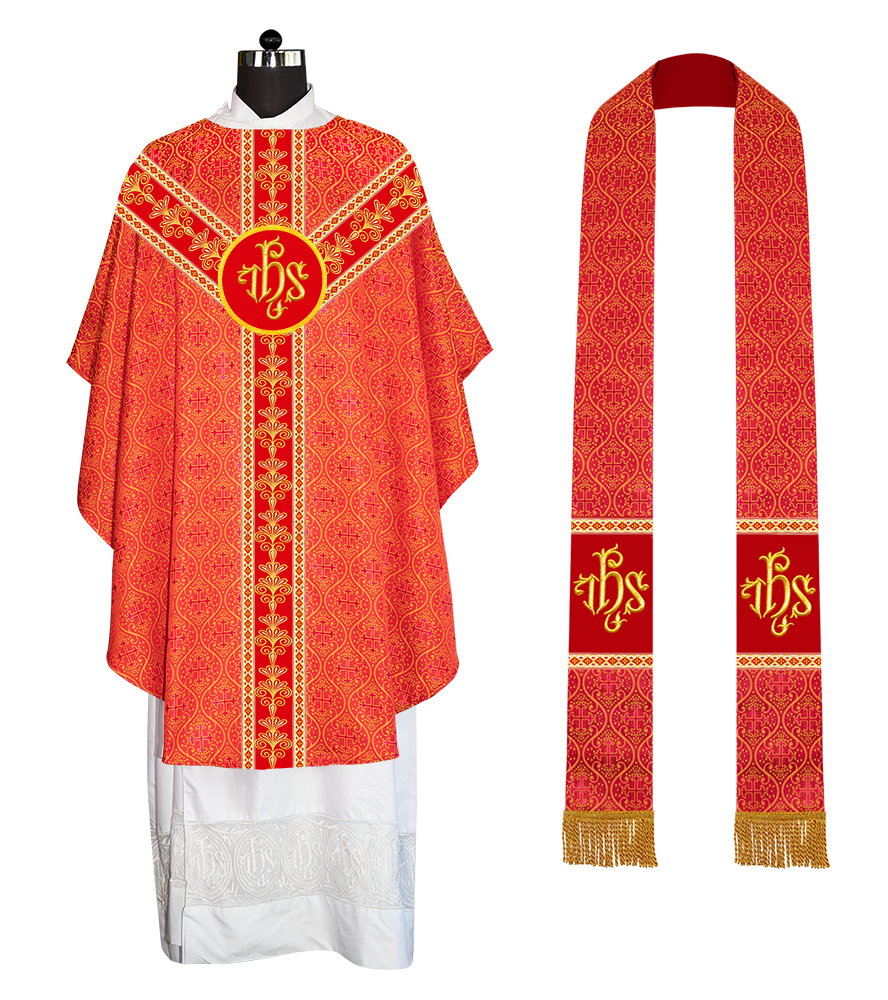 GOTHIC CHASUBLE VESTMENTS WITH LITURGICAL MOTIFS AND TRIMS