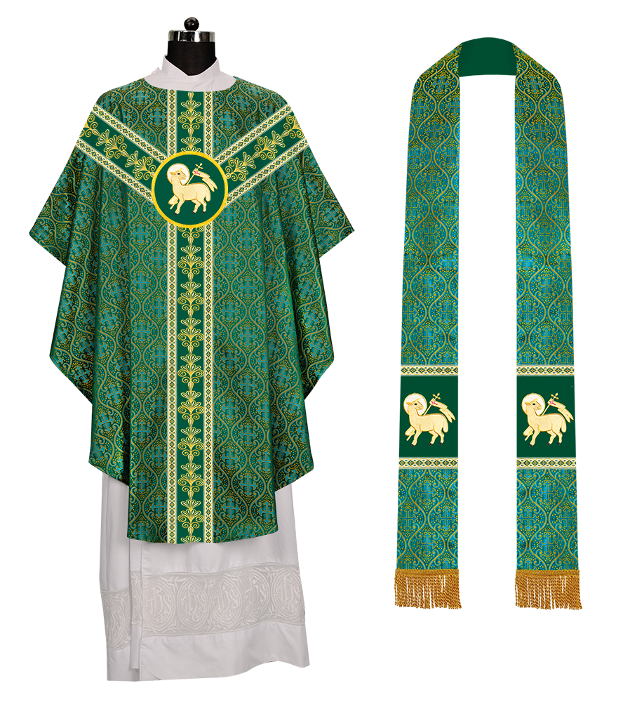 GOTHIC CHASUBLE VESTMENTS WITH LITURGICAL MOTIFS AND TRIMS