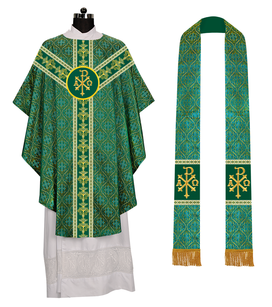 GOTHIC CHASUBLE VESTMENTS WITH LITURGICAL MOTIFS AND TRIMS