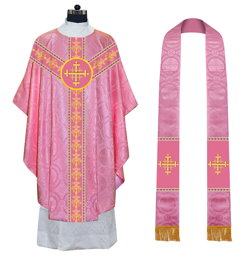 GOTHIC CHASUBLE VESTMENTS WITH LITURGICAL MOTIFS AND TRIMS