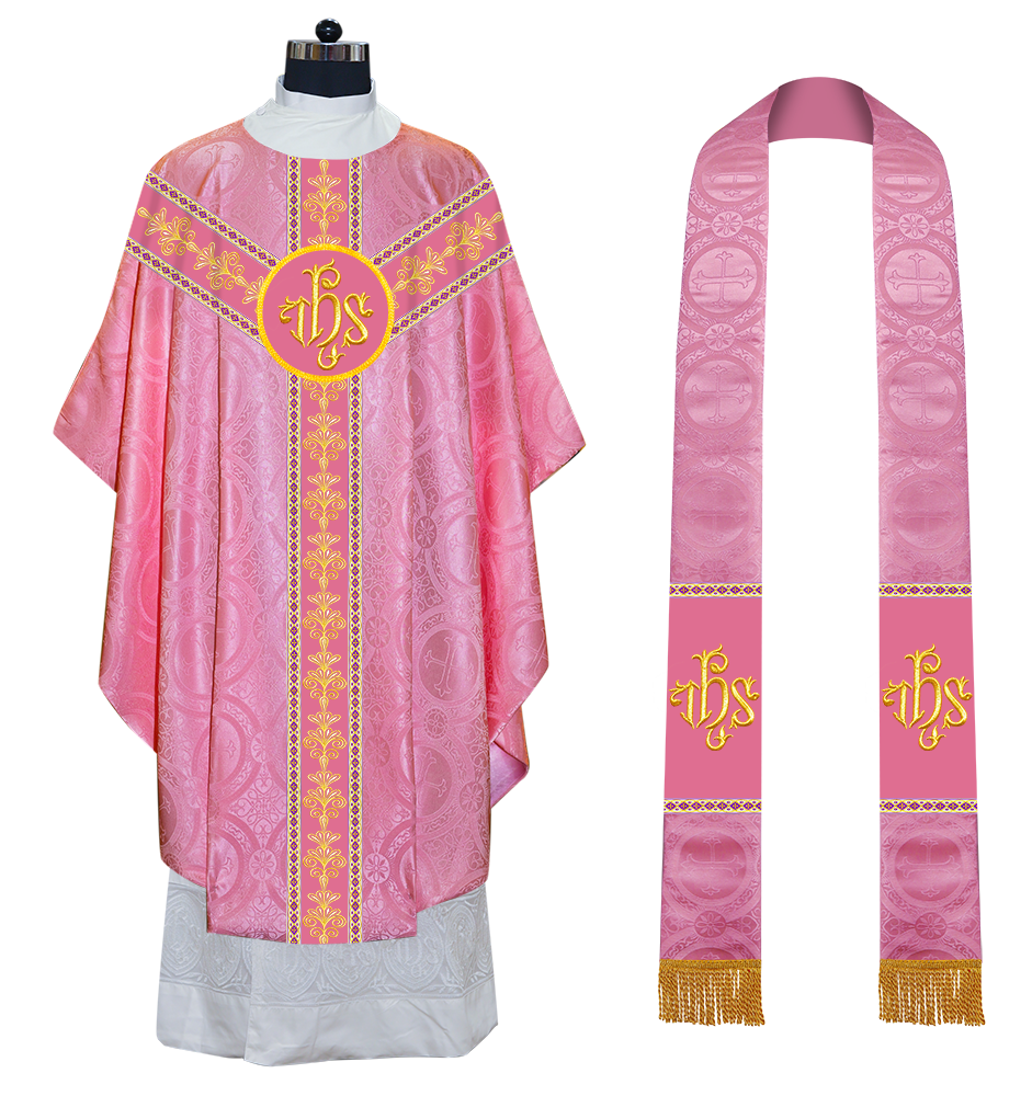 GOTHIC CHASUBLE VESTMENTS WITH LITURGICAL MOTIFS AND TRIMS