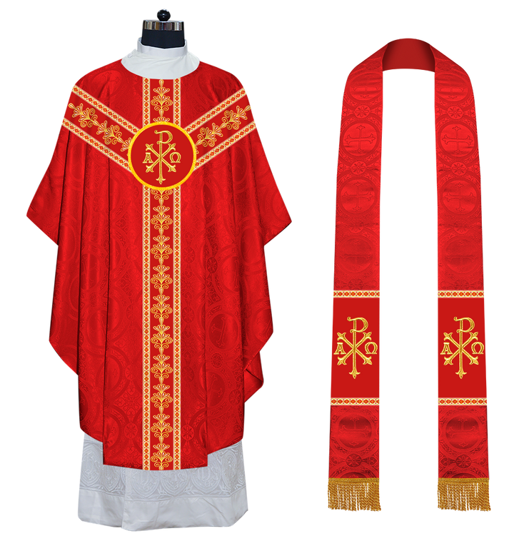 GOTHIC CHASUBLE VESTMENTS WITH LITURGICAL MOTIFS AND TRIMS