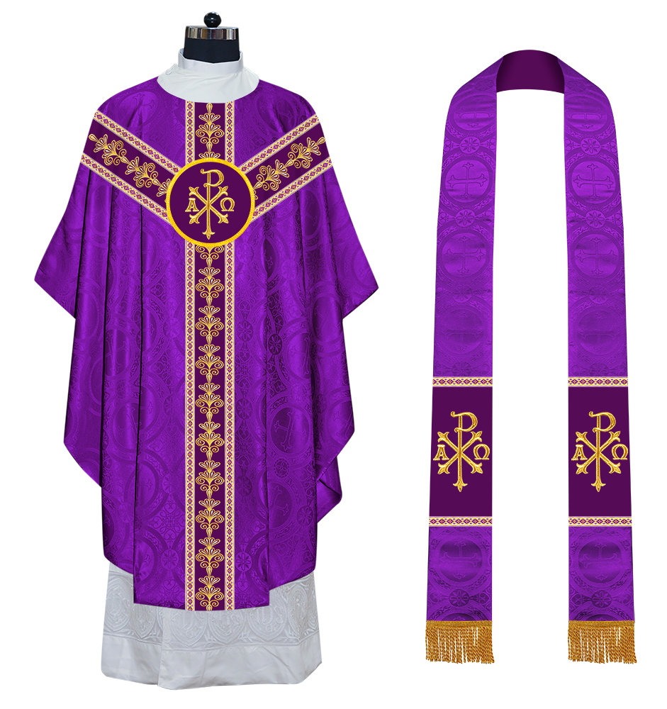 GOTHIC CHASUBLE VESTMENTS WITH LITURGICAL MOTIFS AND TRIMS